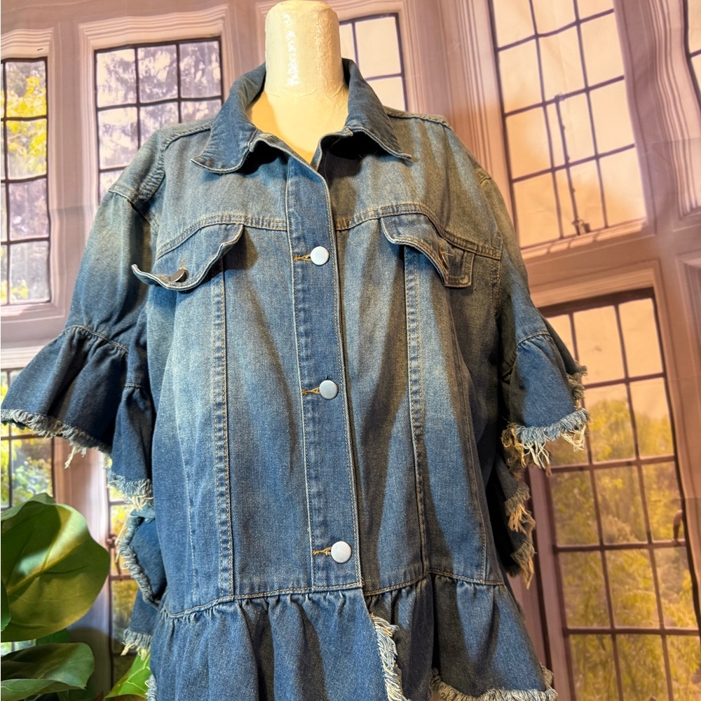 Hayden Denim Distressed Ruffle Jacket Short Sleeve Boho Flap Pockets Ombré 1XL - Picture 7 of 12